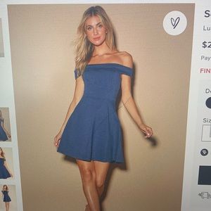 Lulu season of fun Denim Blue Off the Shoulder Skater Dress. Size small